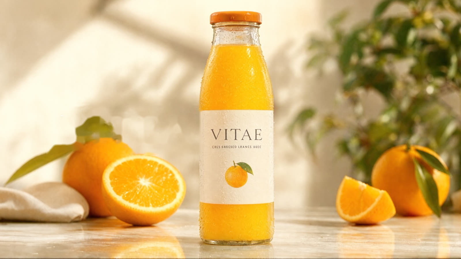 A clear glass bottle of orange juice with a cream label, beside cut oranges on a sunlit marble counter.