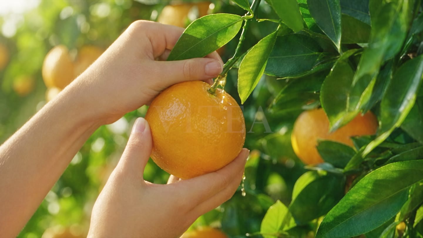 Two hands lifting a ripe orange from a branch in early light.