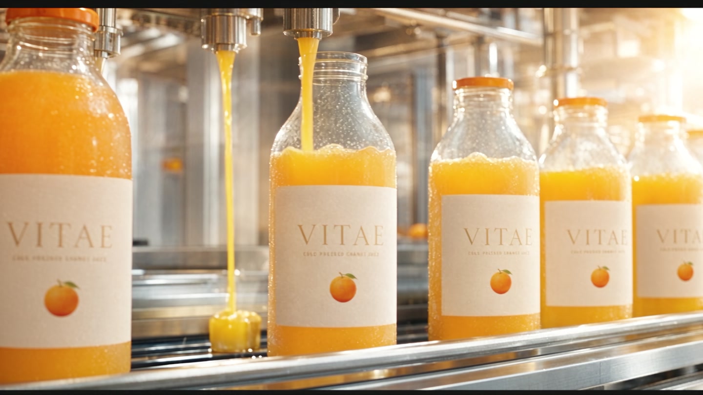 Glass bottles being filled on a bottling line.