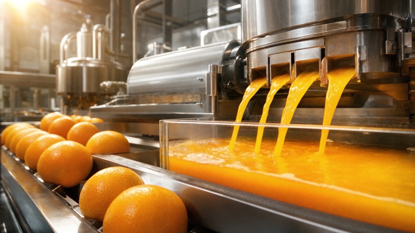 Fresh juice running from the spouts of a steel press.