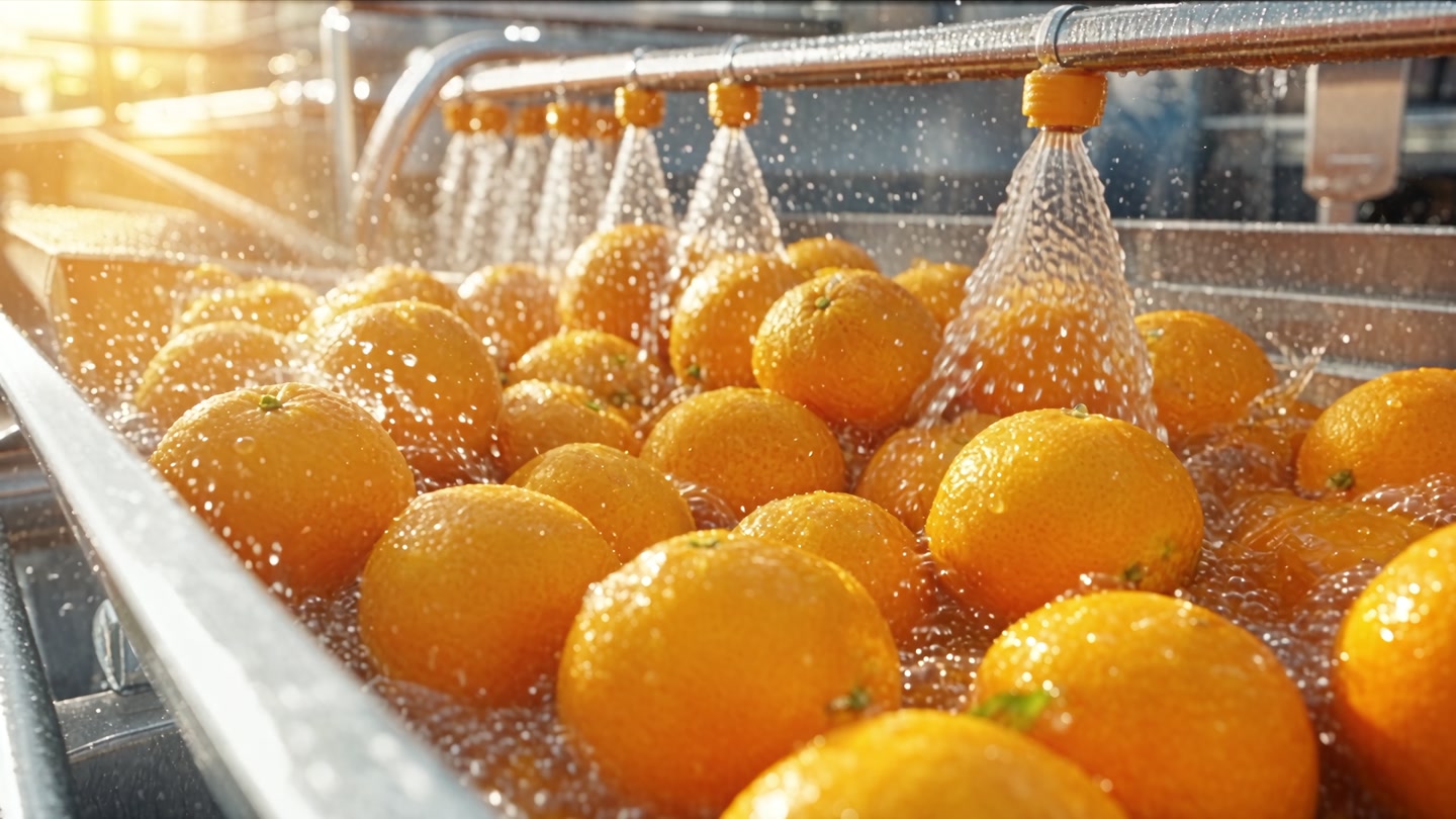 Oranges rolling under jets of cold water on a steel line.