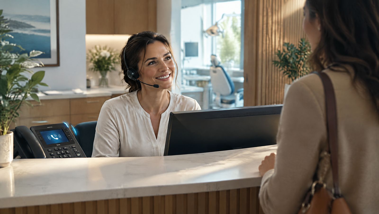 A receptionist at a dental practice front desk talks with a patient while the desk phone lights up with a call she cannot take.