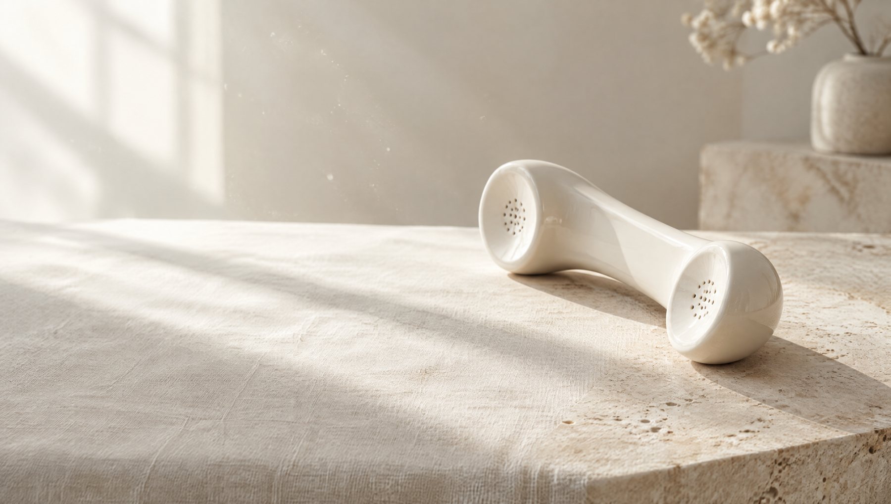 A white telephone handset resting on a linen-covered table in soft morning light.