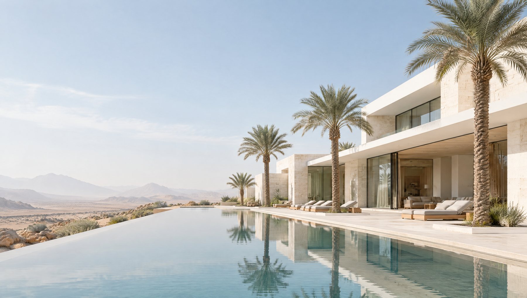 A white villa with palm trees and a long reflecting pool under a clear morning sky.