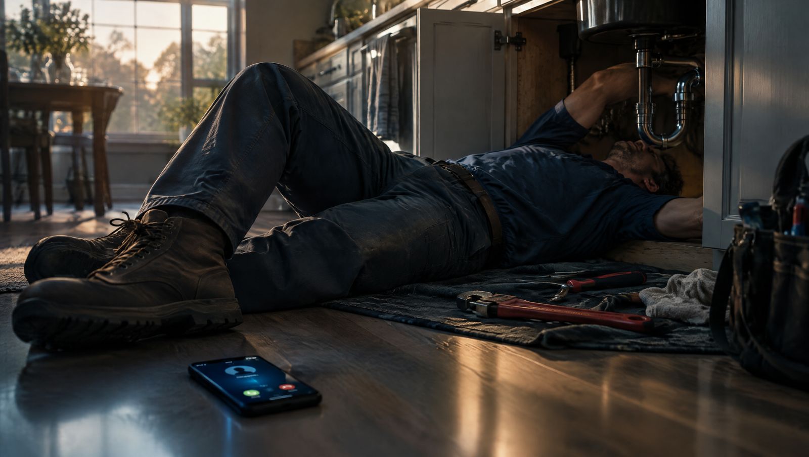 A plumber works under a kitchen sink while his phone lights up with a call on the floor beside him.