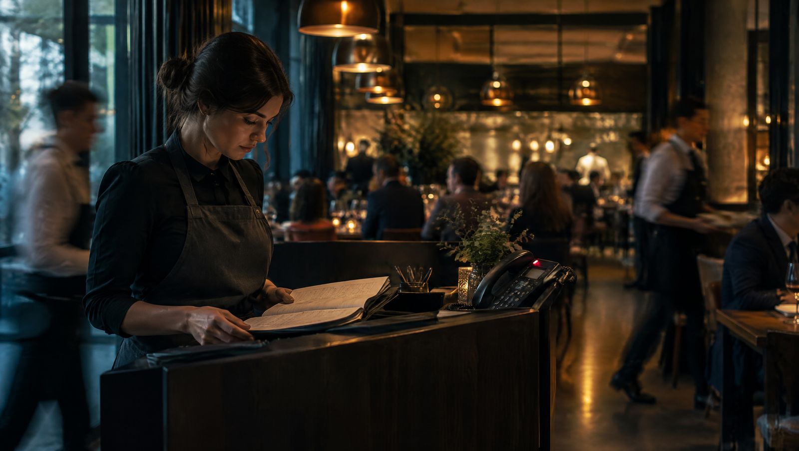 A host checks the reservation book at the front stand of a busy restaurant as guests dine behind her.