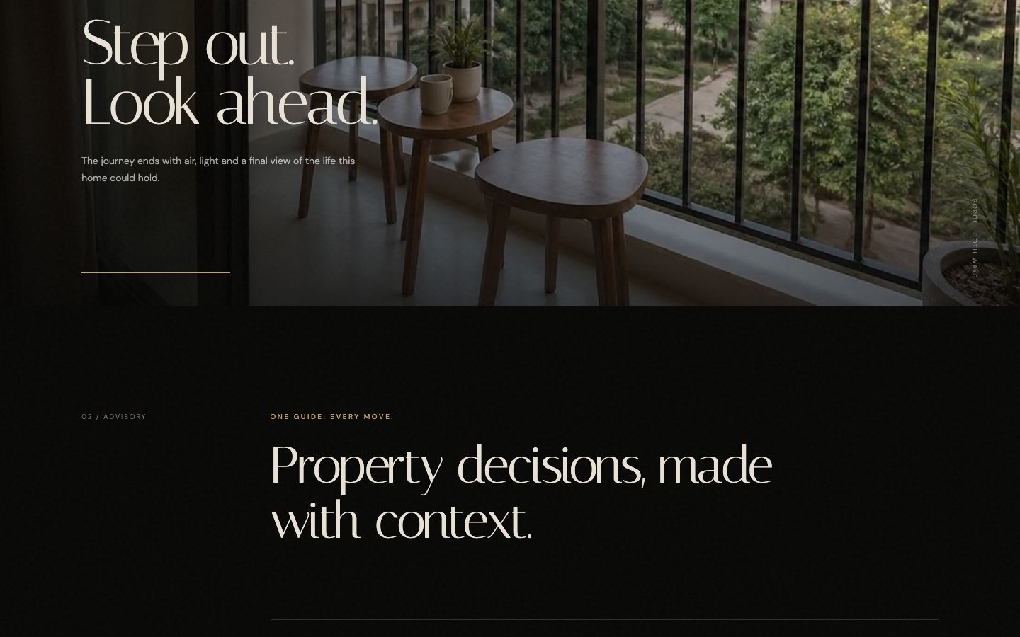 Aangan advisory section 'Property decisions, made with context' following the balcony view
