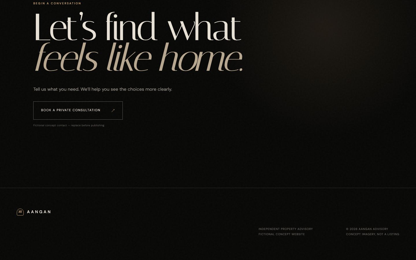 Aangan closing section 'Let's find what feels like home' with a private consultation button