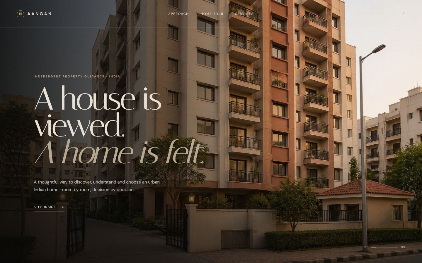 Aangan Advisory hero: an apartment building at dusk with the headline 'A house is viewed. A home is felt.'