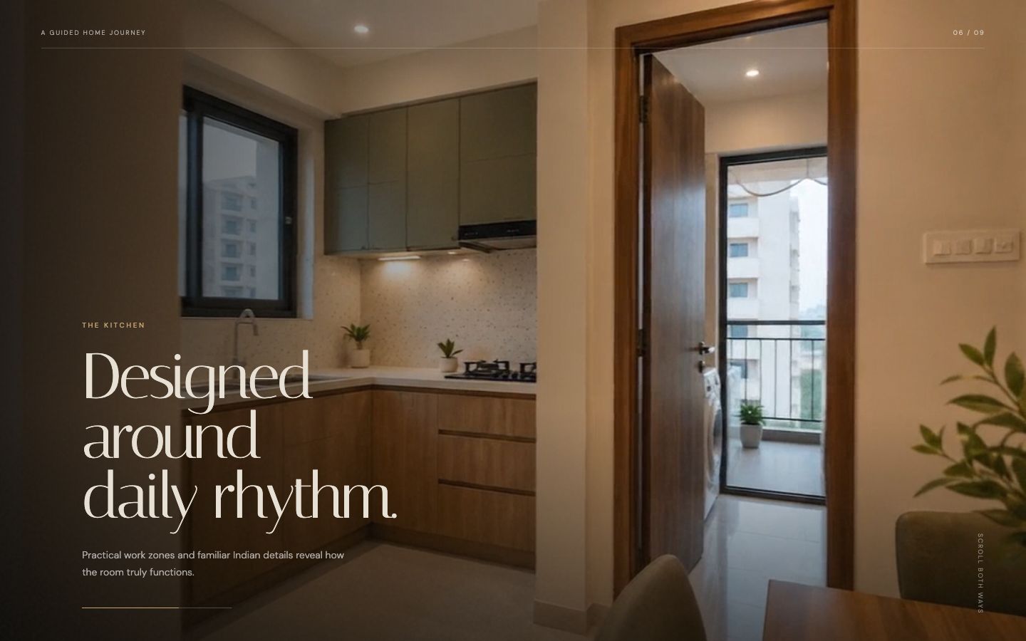 Aangan tour stop 'Designed around daily rhythm' showing a compact kitchen and utility balcony