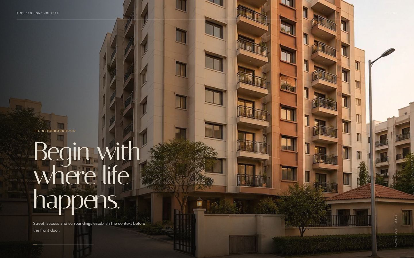 Aangan guided tour stop one, the neighbourhood, with the caption 'Begin with where life happens'