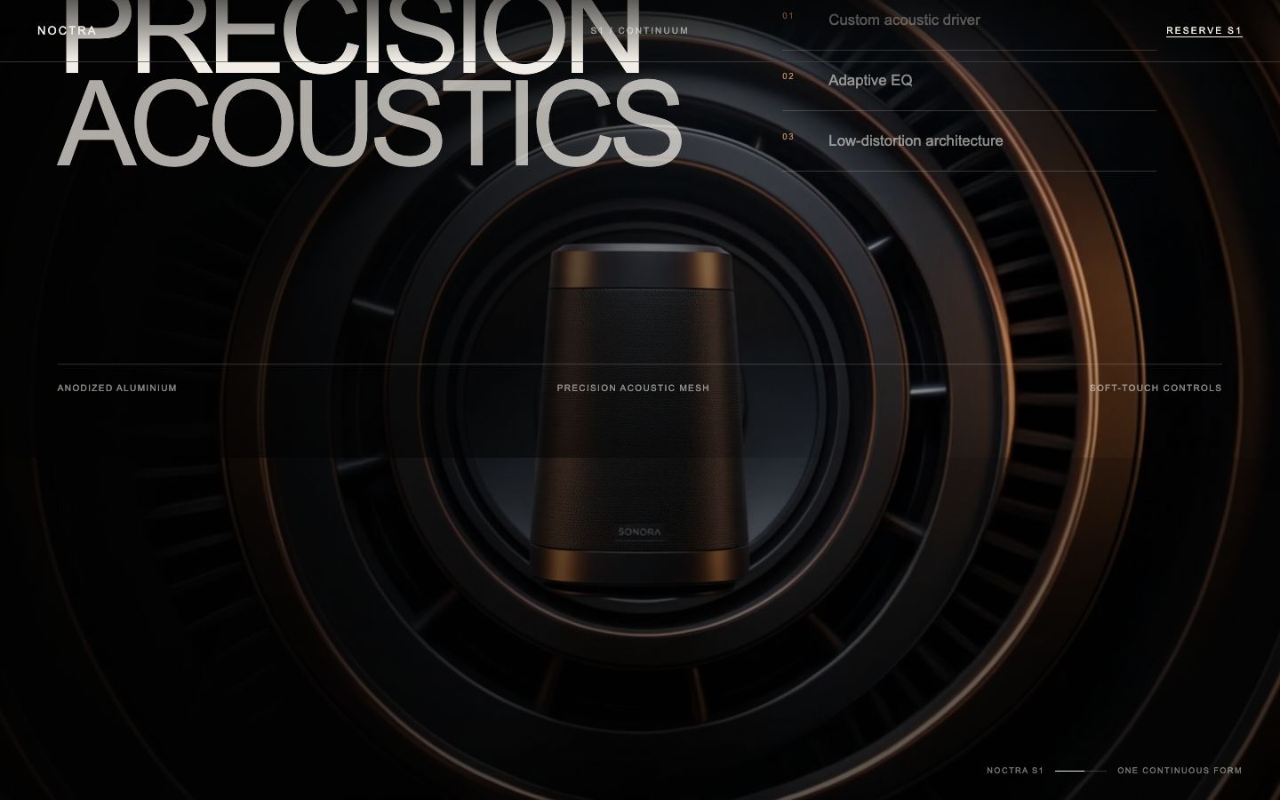 Noctra S1 'Precision acoustics' chapter with the speaker centred inside concentric acoustic rings and material labels
