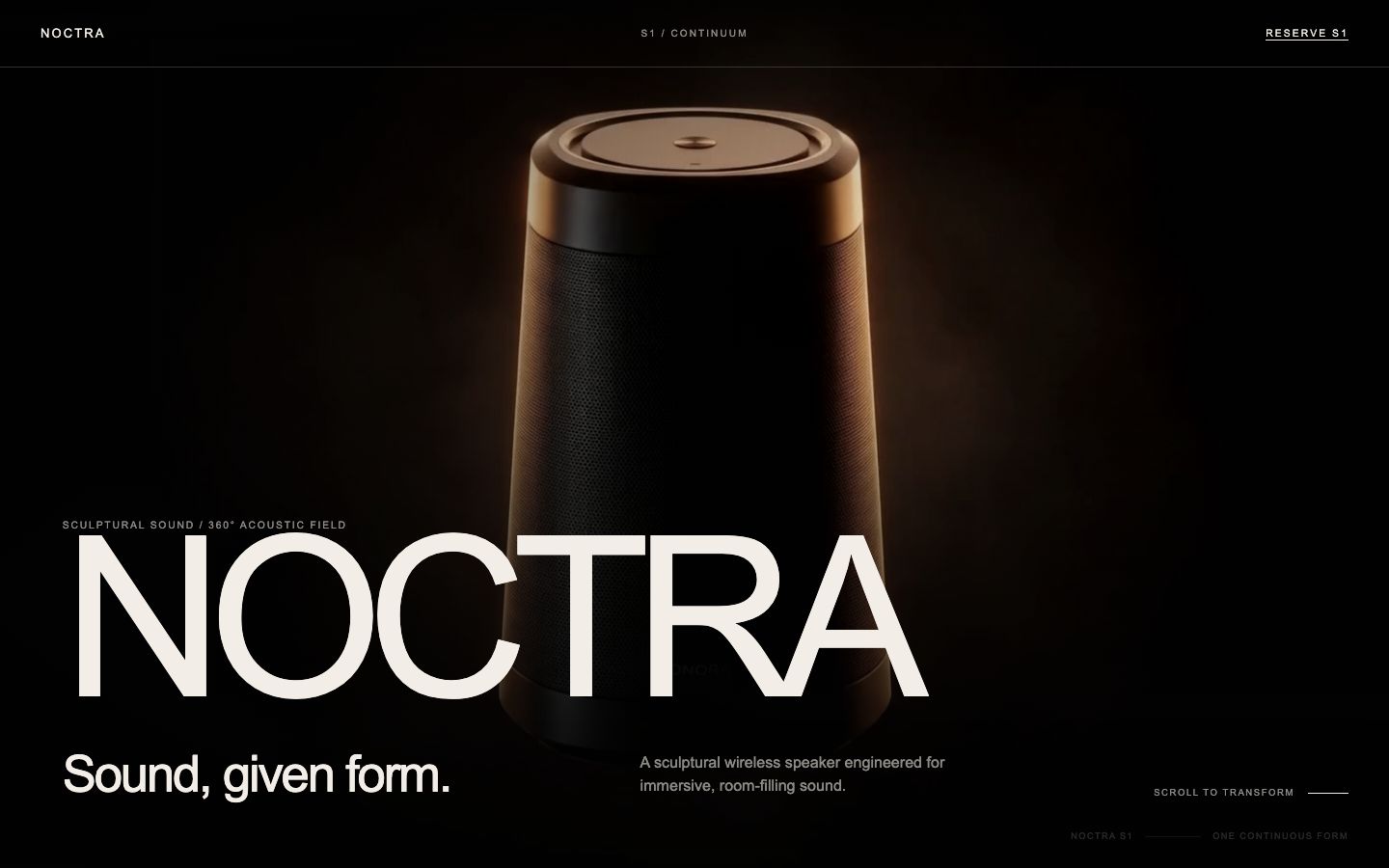 Noctra S1 launch site hero: the speaker floating over a dark stage with the headline 'Sound, given form.'
