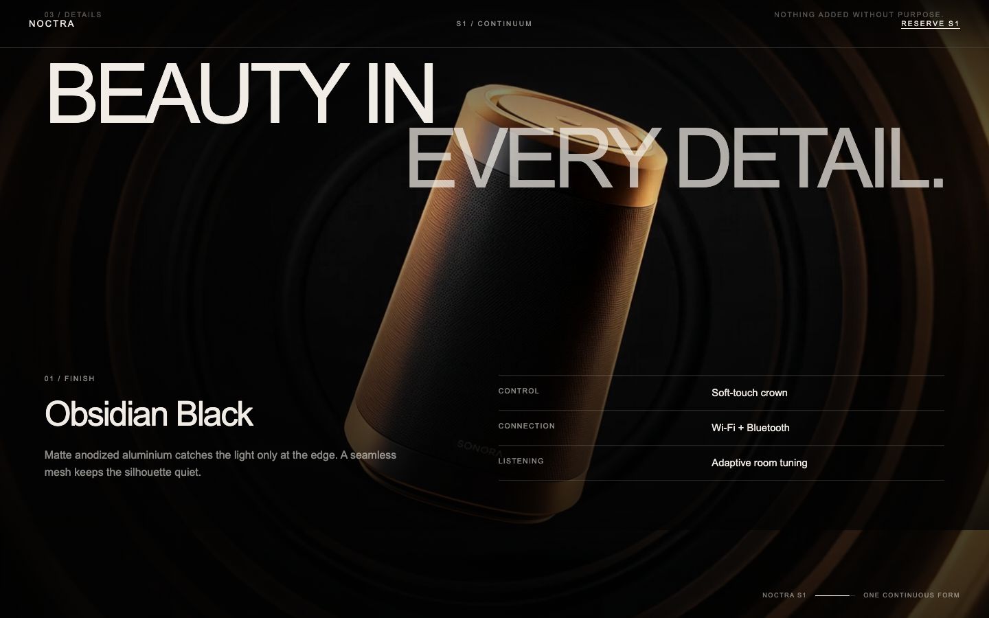 Noctra S1 'Beauty in every detail' chapter showing the Obsidian Black finish with control, connection and listening details