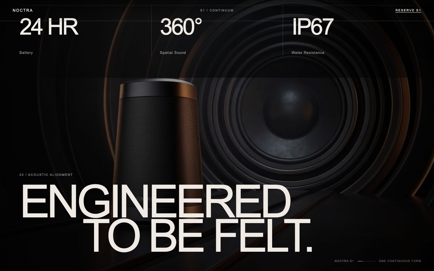 Noctra S1 chapter 'Engineered to be felt' with 24 hour battery, 360 degree sound and IP67 facts above the speaker