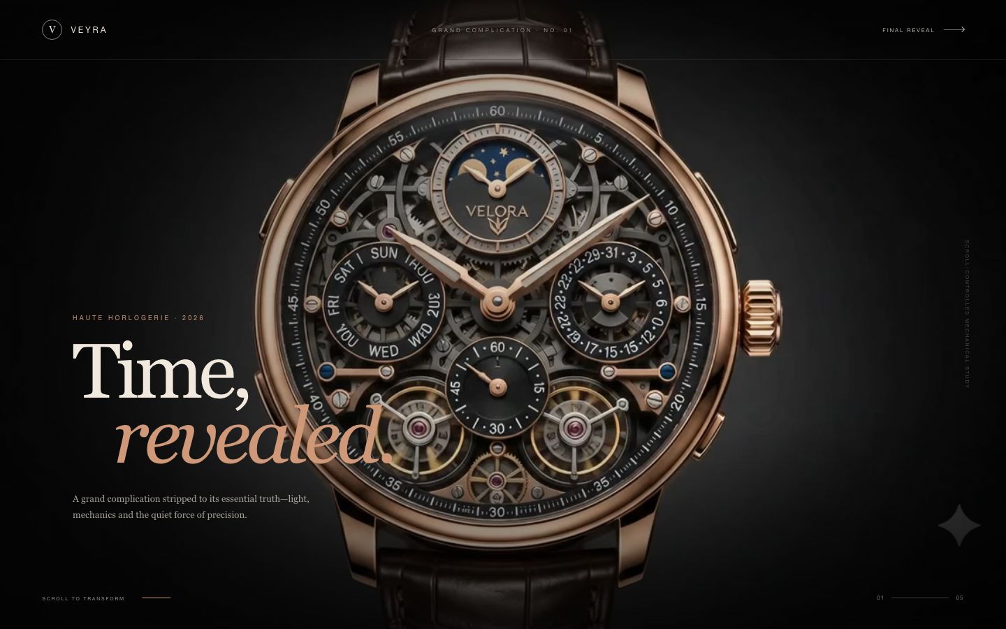 Veyra hero: a skeleton watch face with the headline 'Time, revealed.'