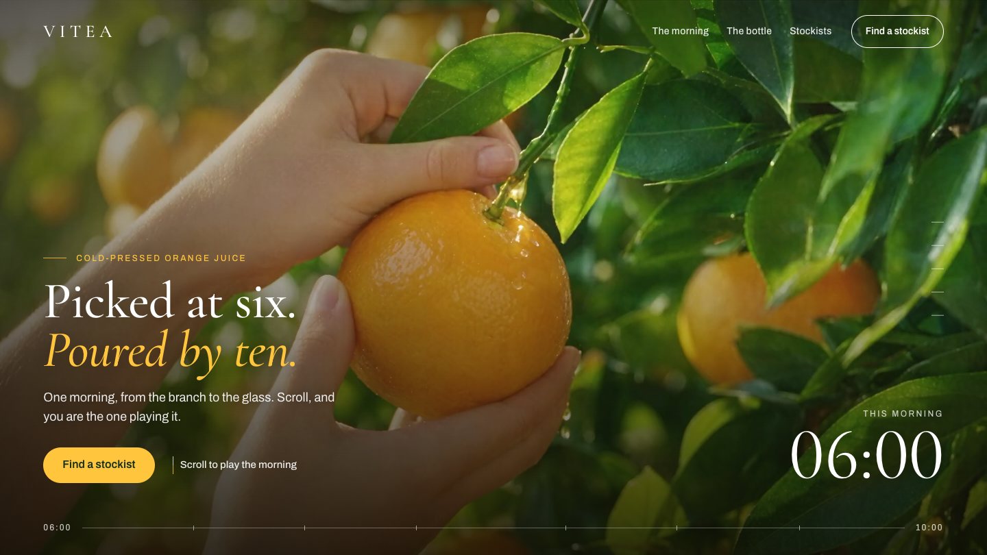 VITEA landing page hero: the headline Picked at six, poured by ten over a hand picking an orange, with a Find a stockist button and a clock reading 06:00