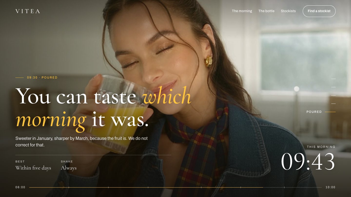 VITEA page at 09:43: the section You can taste which morning it was over a woman drinking orange juice. She is an AI-generated person