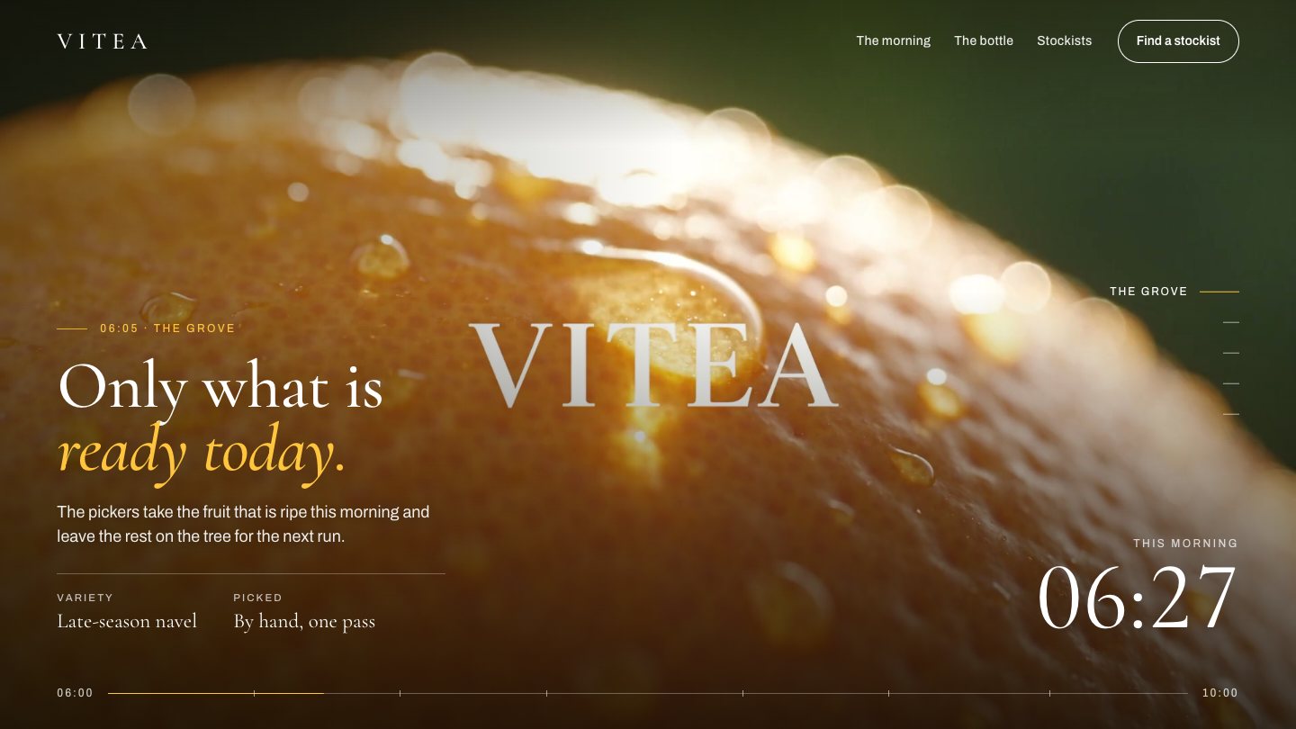 VITEA page at 06:27: the section Only what is ready today over a close shot of a wet orange, with the film's own VITEA title in the centre