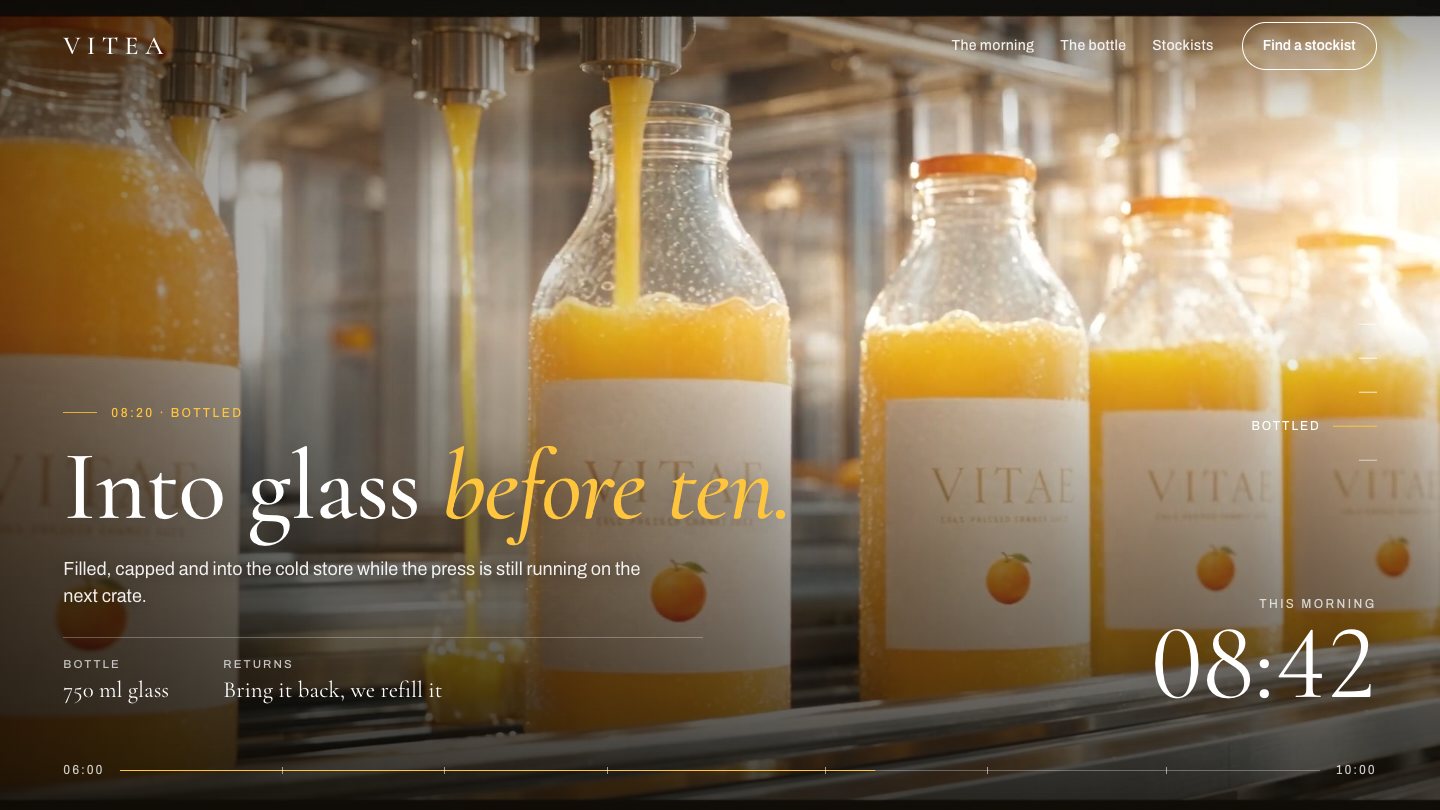 VITEA page at 08:42: the section Into glass before ten over bottles being filled on a line