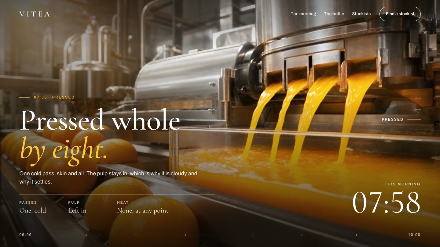 VITEA page at 07:58: the section Pressed whole by eight over juice running from a steel press