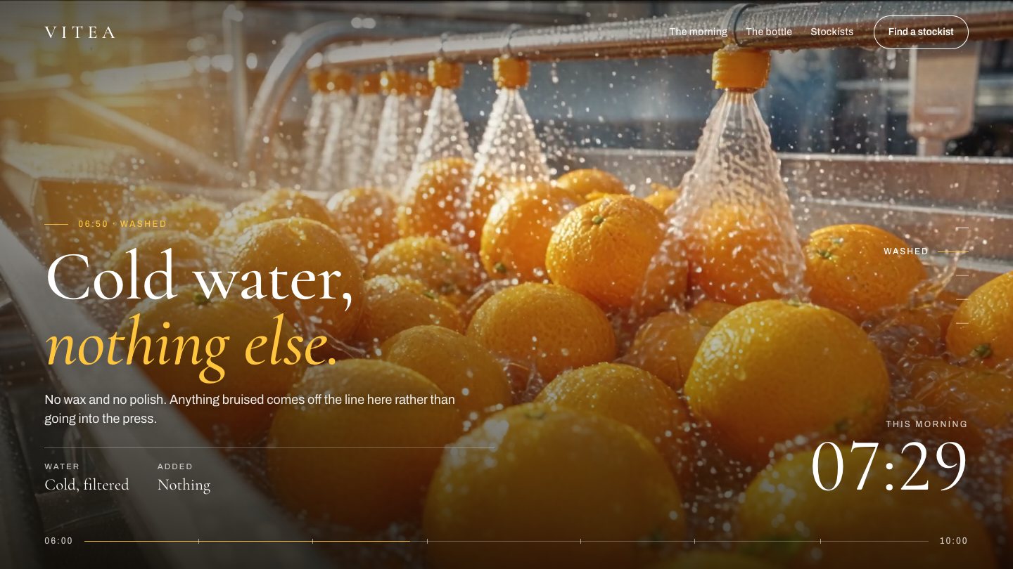 VITEA page at 07:29: the section Cold water, nothing else over oranges under water jets